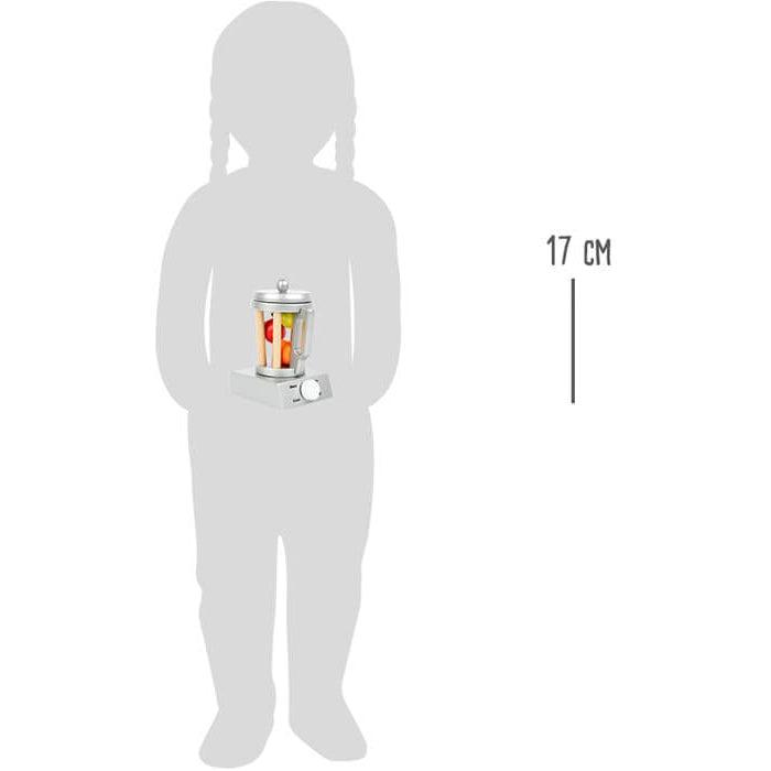 Shows a silhouette of a little girl holding the blender. Shows that the blender is 17cm tall.