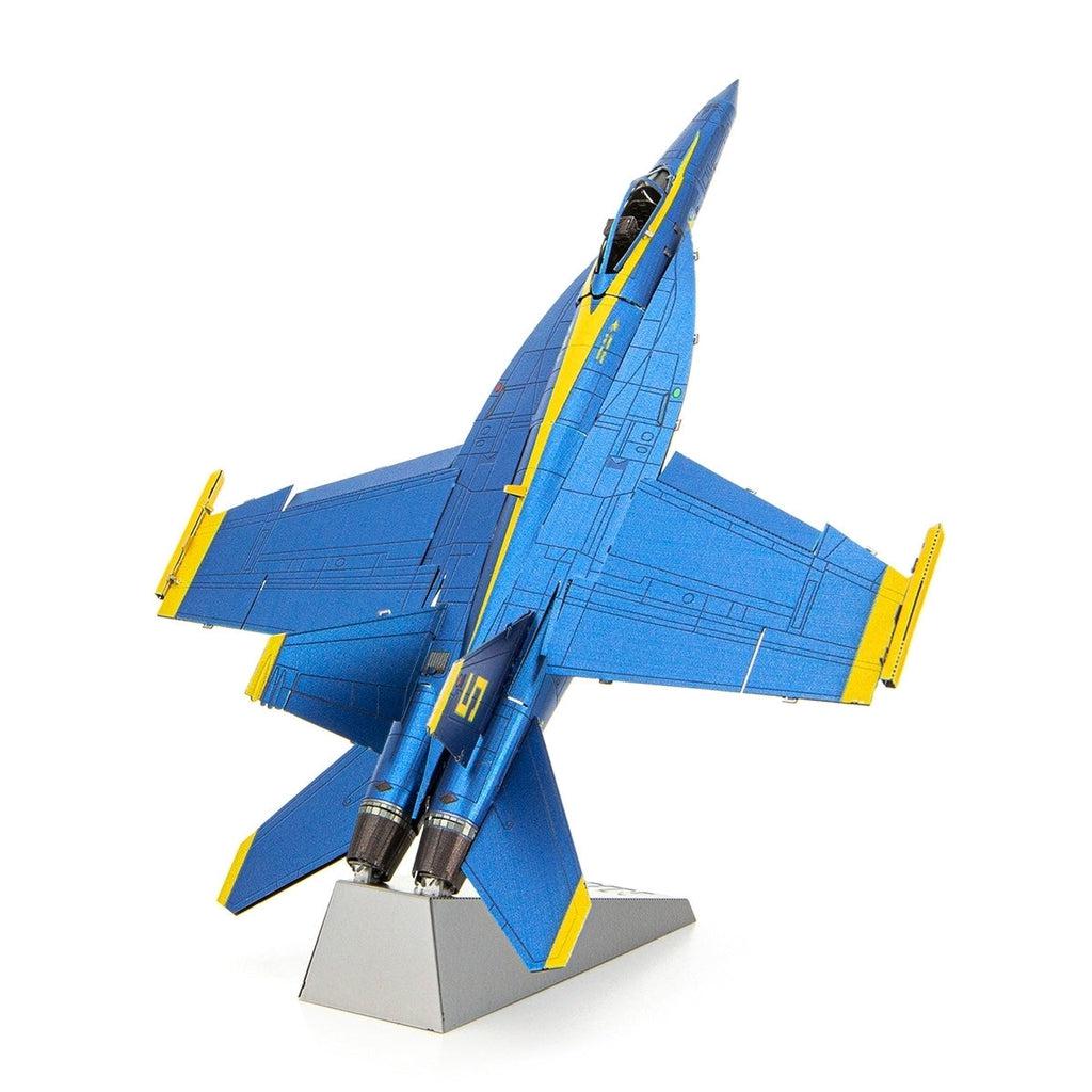 Image of the Blue Angels F/A-18 Super Hornet model. It is a painted metal model of a fighter plane. It is colored blue and yellow. It is rested on a stand that keeps the model at a 70 degree angle.