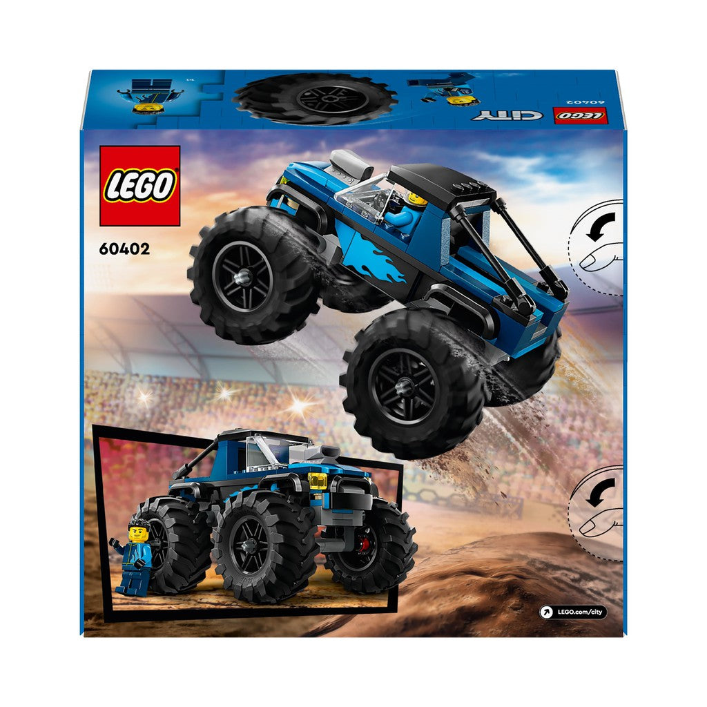the back of the box shows the monster truck leaping off a dirt mound in the air