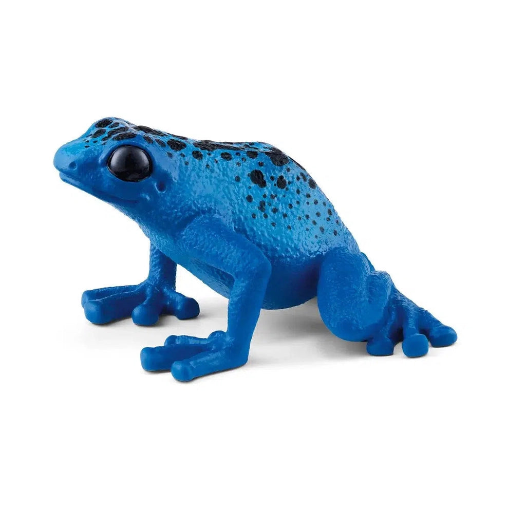Image of the Blue Poison Dart Frog figurine. It is a completely blue frog in squatting position with many small and large black spots on its back and head.