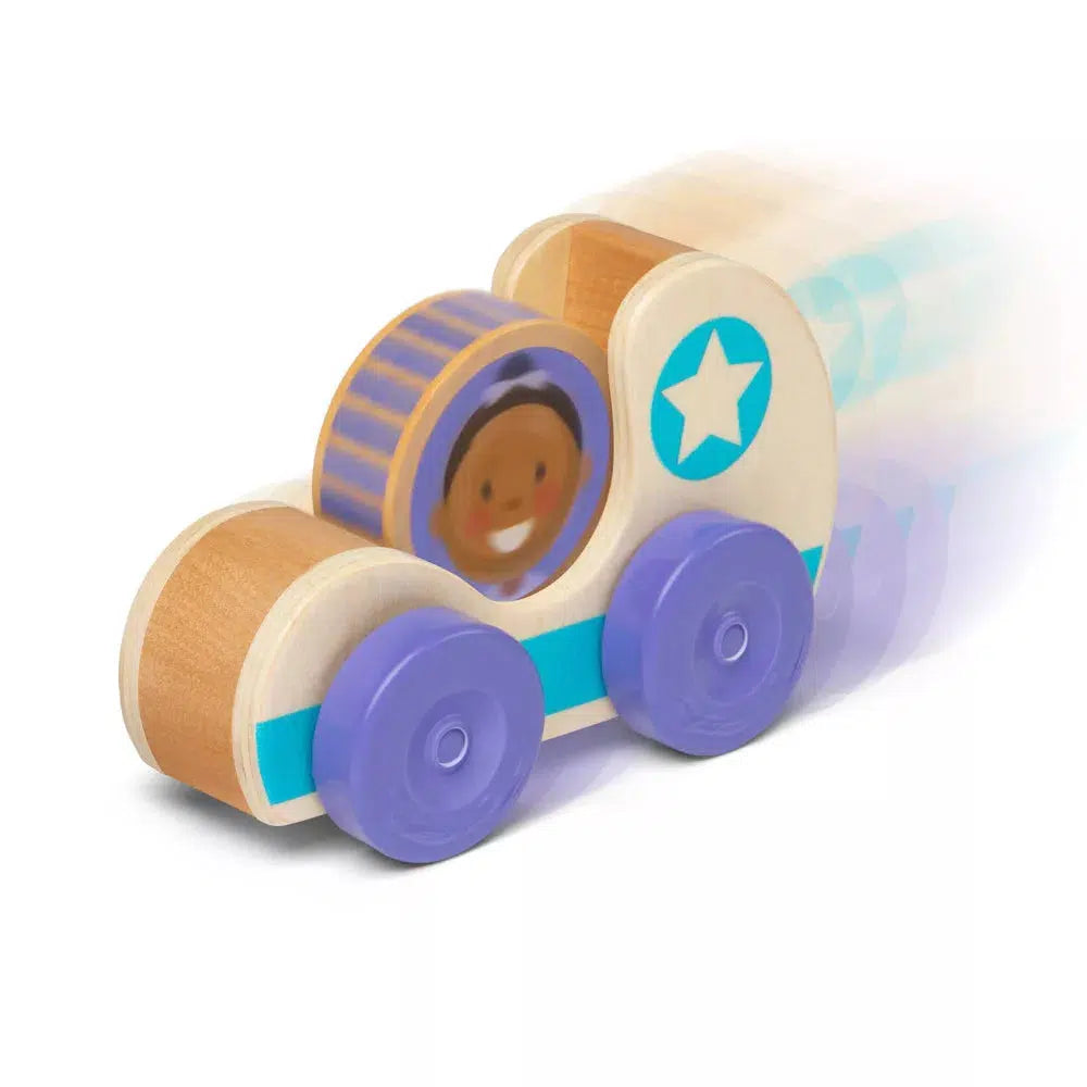 Image of the star car outside of the packaging. It is a wooden car with blue racing stripes, darker blue wheels, and a removable wooden person disk.