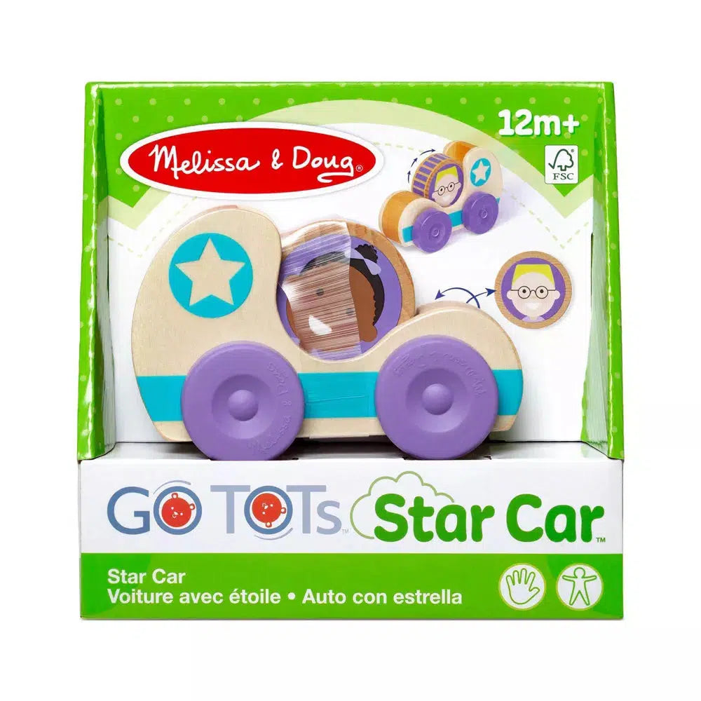 Image of the packaging for the Blue Star Car GO TOTS toy. Part of the front is cut away and covered with some clear plastic so you can see and touch the toy inside.