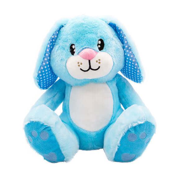 Image of the Blueberry Spring Bunny. It is a large plush with blue fur except for the white belly and muzzle. The inside of the ears are a darker blue with white polkadots.
