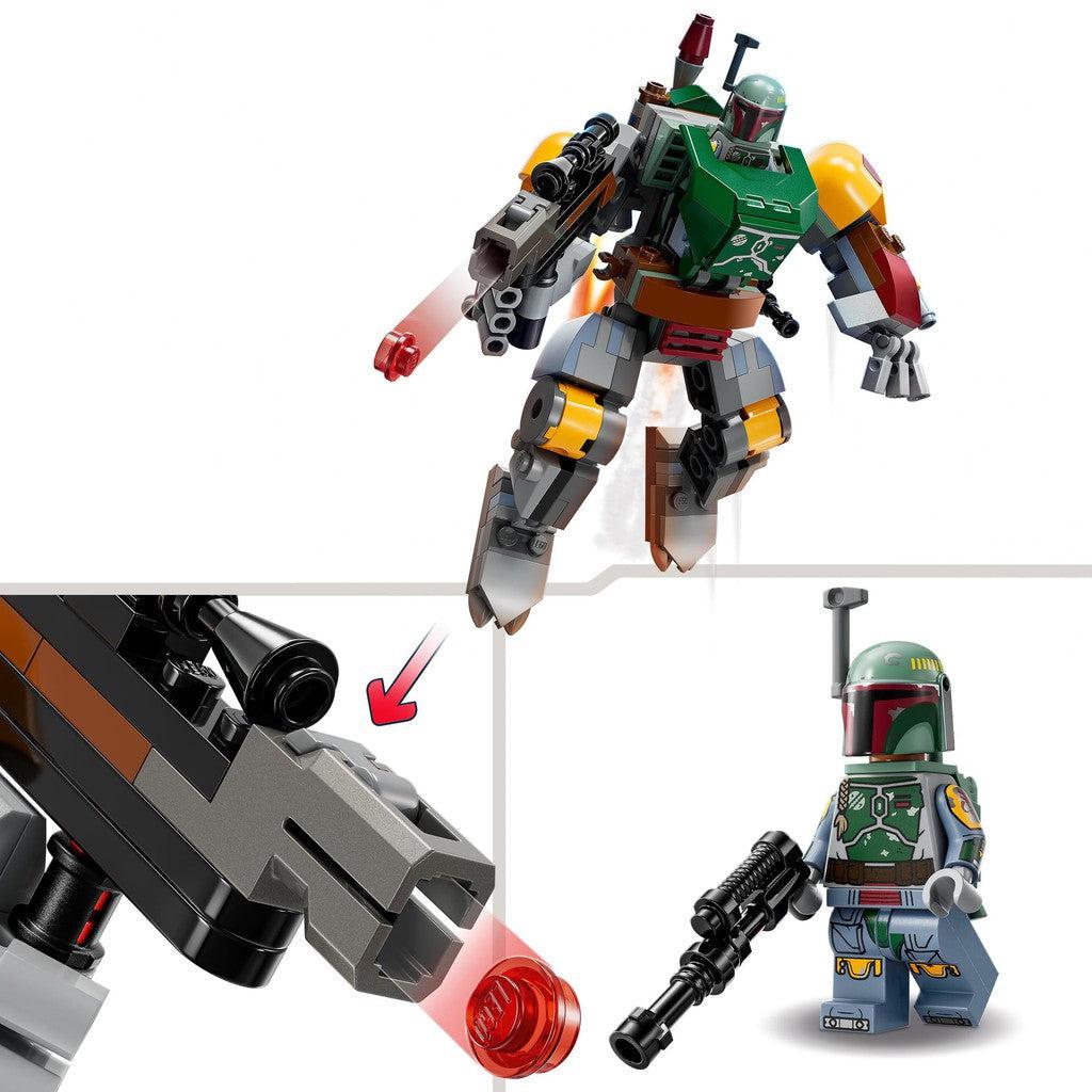 image shows the Boba Fett Mech with a blaster that shoots small LEGO pellets. the blaster actually shoots. Boba Fett also has a toy LEGO blaster