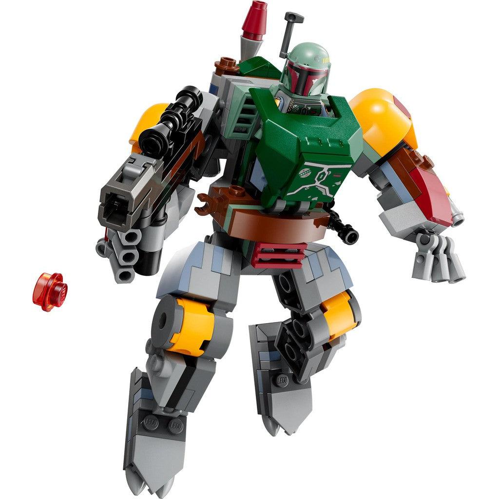 image shows the fully constructed Boba Fett mech with Boba Fett piloting it