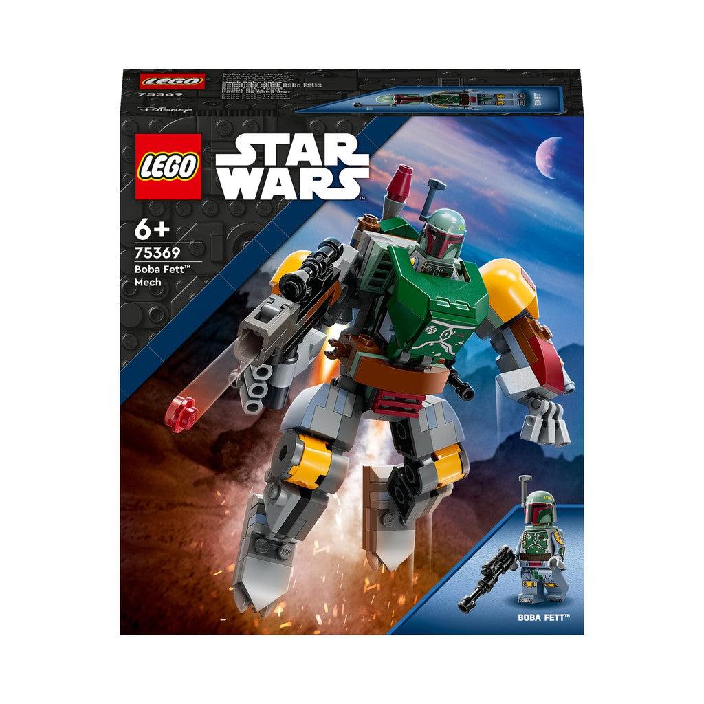 image shows the box for a Boba Fett Mach suit with a small LEGO Boba Fett. the mech is flying through space
