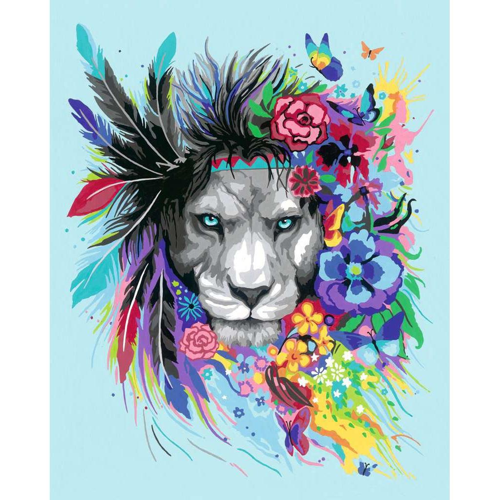 once completed, the lion is peering out with lots of multicolored feathers and flowers, ready to be mounted on the wall. 