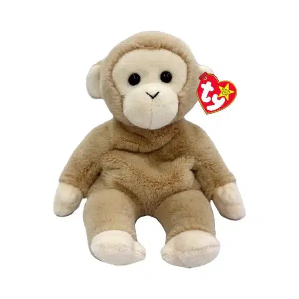 Bongo II is a soft, pale brown monkey with a beige face and beige hands and feet. He has black button eyes and black stitching for his nostrils. He has a pale brown tail.