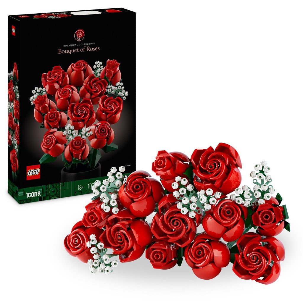 the LEGO icons bouquet of roses. the roses are a deep red with some white buds sprinkled into the mix