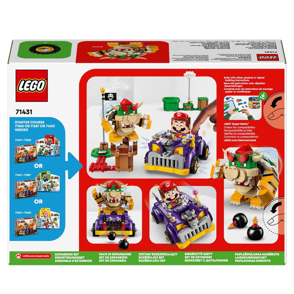 the back of the box shows mario and Bowser driving the muscle car, OR Bowser terrorizing Mario. 