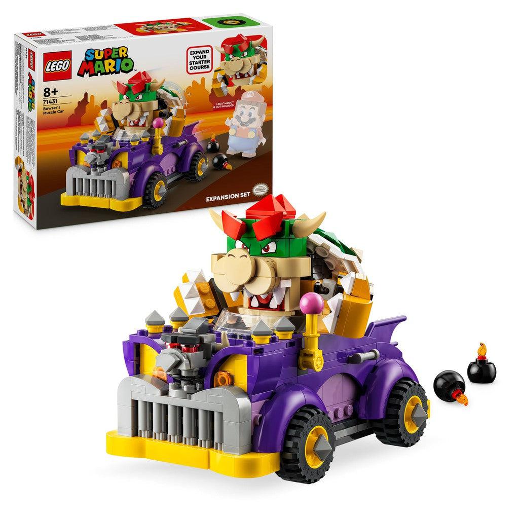 The LEGO super mario set shows a LEGO bowser in his muscle car with a fierce blocky front