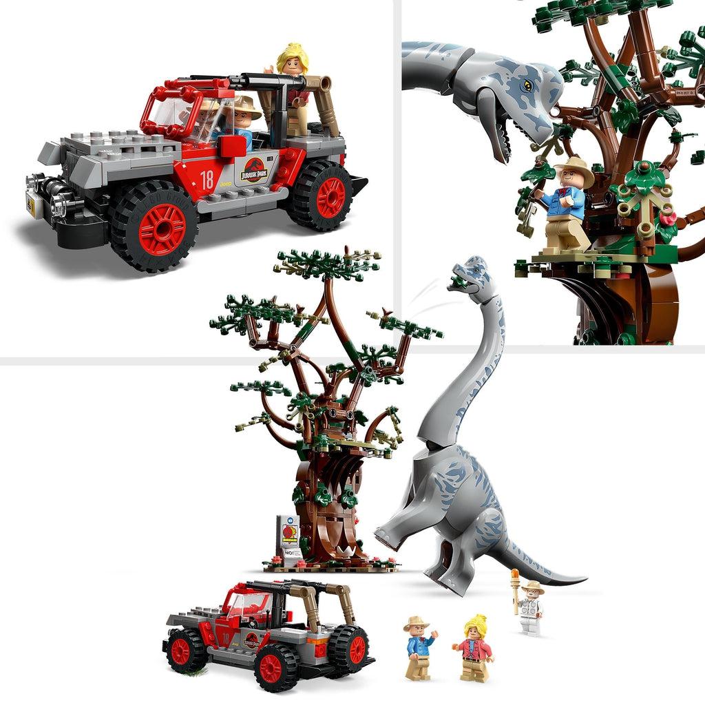 image split in 3 to show close up of the lego jeep with Jurassic park logos on it, a minifig standing in a tree feeding the dino, and another group shop showing the whole set