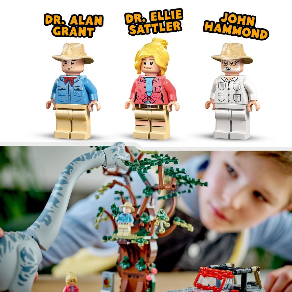 close up of the 3 minifigs with the character names from the movie above an image of a child playing with the lego set at a table
