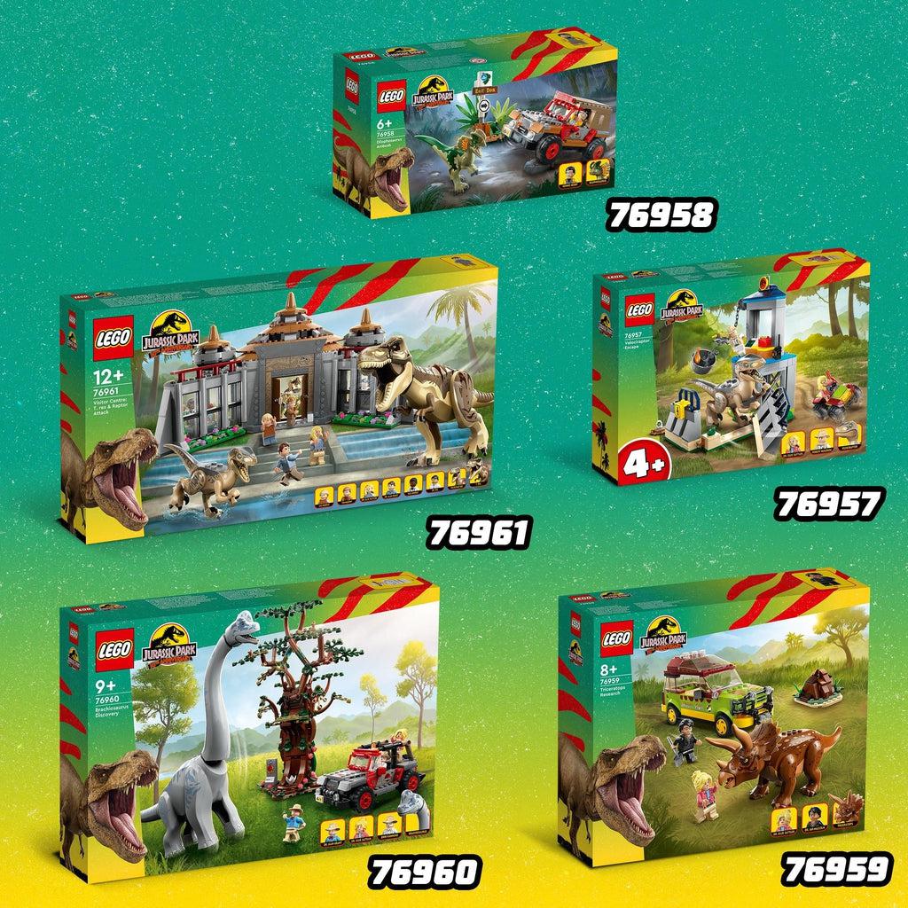 this and four other lego jurassic park sets are shown (76958, 76957, 76961, and 76959 each sold separately)