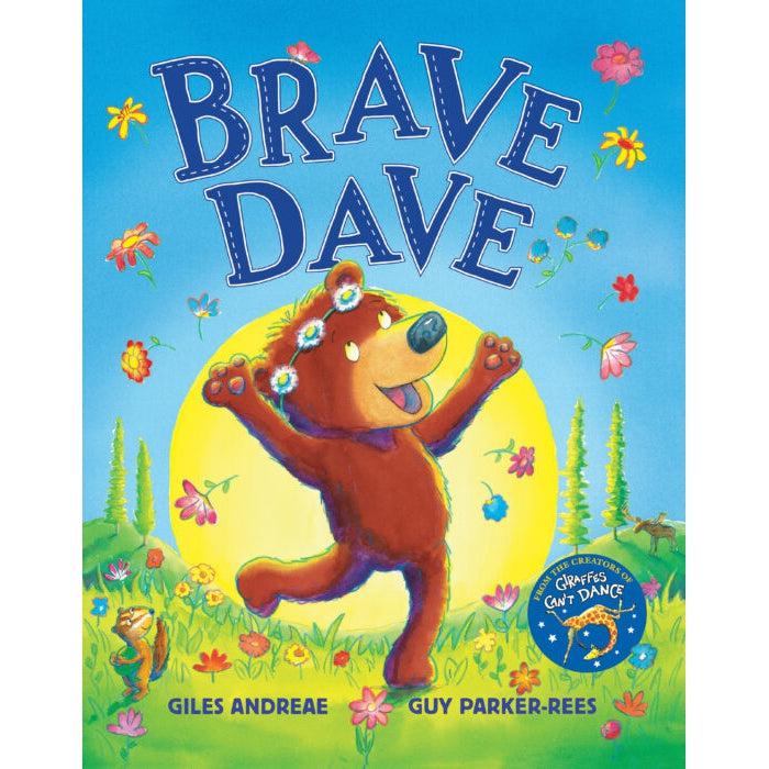 Image of the cover of the Brave Dave book. On the front is a picture of a young bear in a flower meadow.