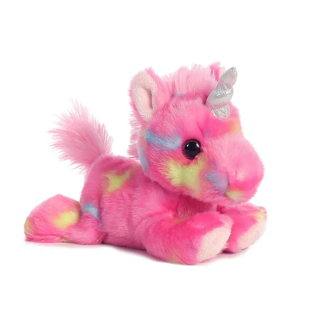 Image of the Jellyroll Bright Unicorn plush. It is a pink unicorn with yellow and blue splotches. The mane and tail are fuzzy, and the horn is sparkly silver.
