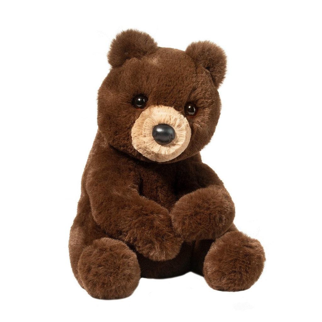 dark brown fun covers this adorable bear stuffed animal from head to toe! he has a light brown muzzle and snout with wide, dark eyes.