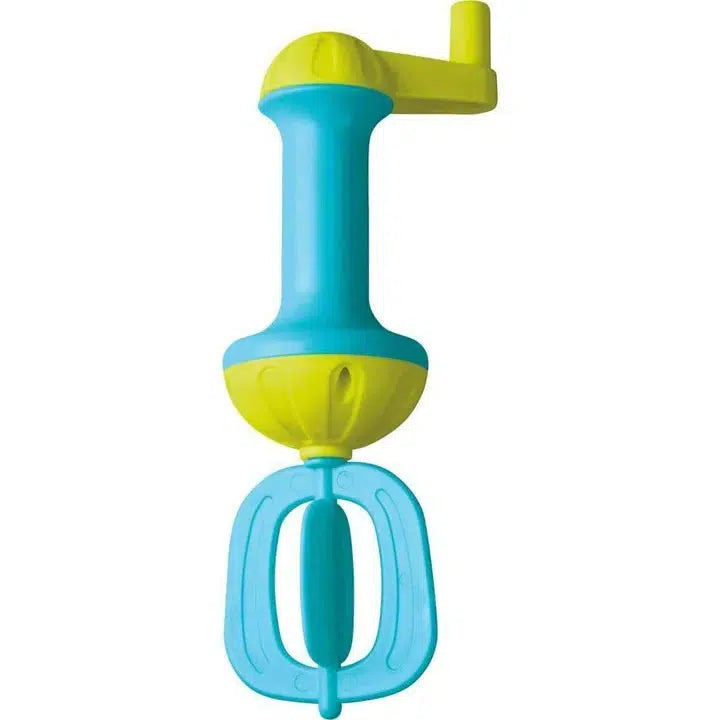 Image of the blue Bubble Bath Whisk. It is blue and lime green in some parts. It is chunky and perfect for small hands to turn the handle.