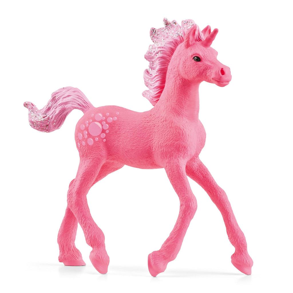 Image of the Bubble Gum Unicorn figurine. It is a bubble gum pink unicorn with lighter sparkly mane and tail. It has a cutie mark of blown bubble gum bubbles on its flank.