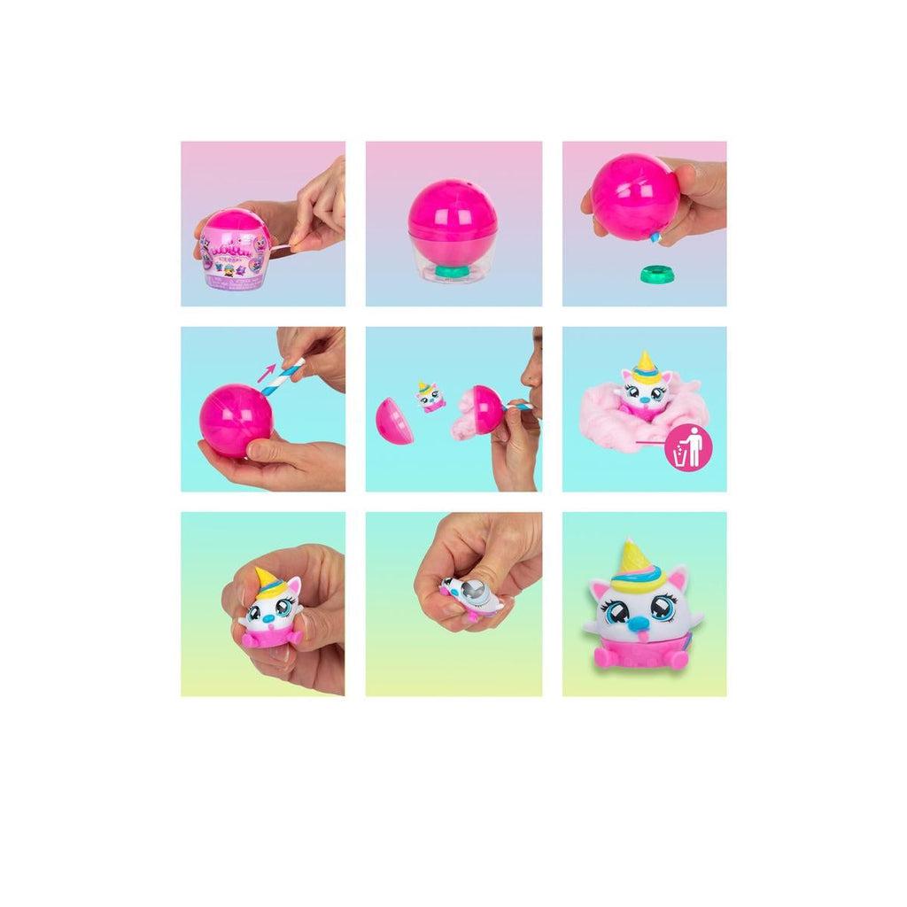 Shows the steps to opening your Bubiloon Lil Pop collectible toy. First take it out of the packaging, the take it off of the stand, pull to extend the straw, and blow to reveal your new friend!