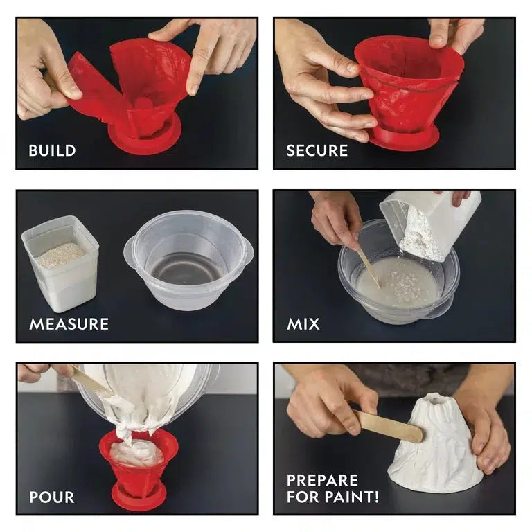 instructions are shown on the pictures, build, secure, measure, mix, pour, and prepare for paint. this will use the mold and plaster to make a volcano to use!