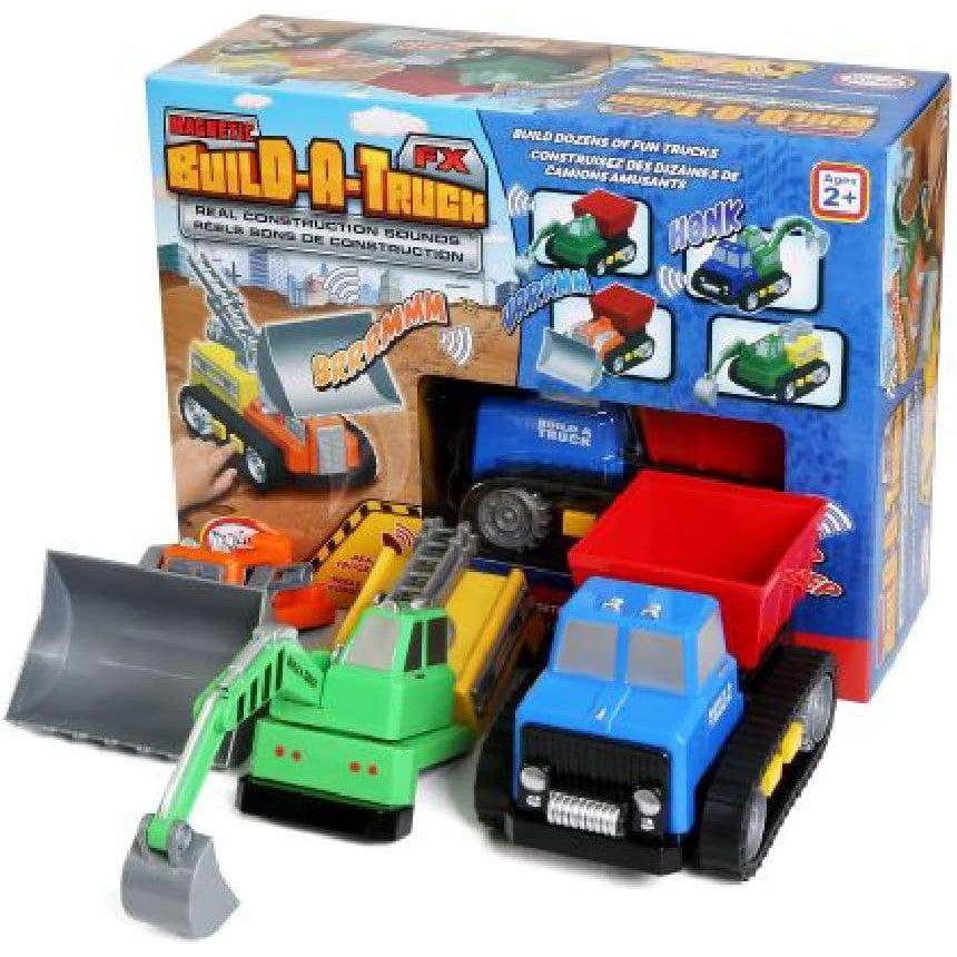 this image shows the box and some trucks in the magnetic build a truck set. the trucks have magnetic parts to mix and match and construct what you want