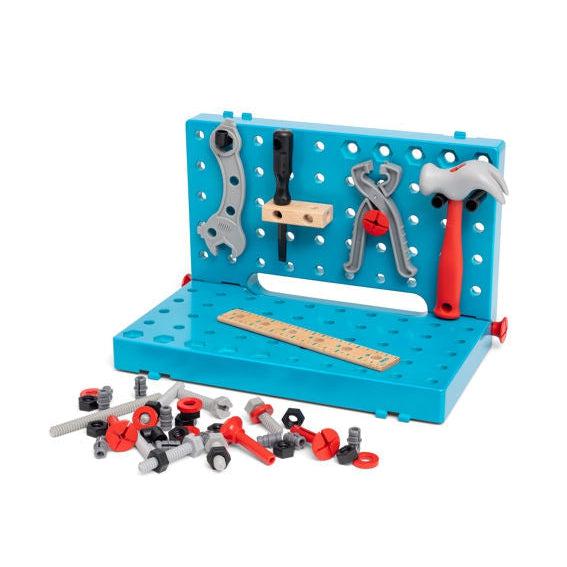 Image of the open workbench. It can hold all the tools on the pegs. The workbench is blue and the tools are grey and orange.