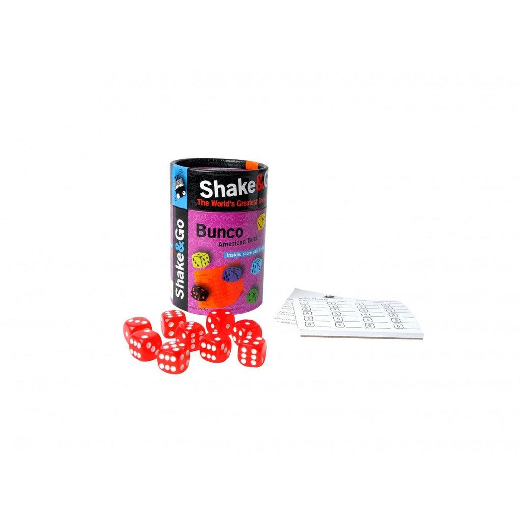 Image of the Bunco Shake & Go game. It comes in a cylindrical container and comes with nine red and white dice and a white scorepad.
