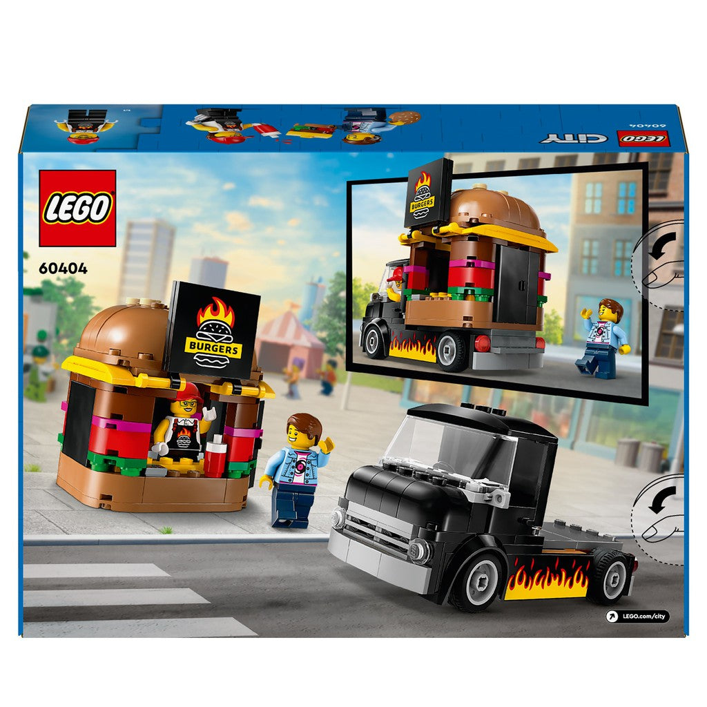 the back of the box shows the burger stand on the truck, and the detached stand from the truck