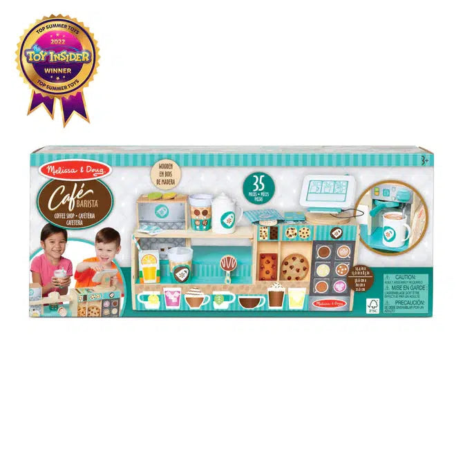 Image of the packaging for the Cafe Barista Coffee Shop. The front has a picture of the fully put together and stocked store. It also has a picture of two kids smiling and playing with the set.