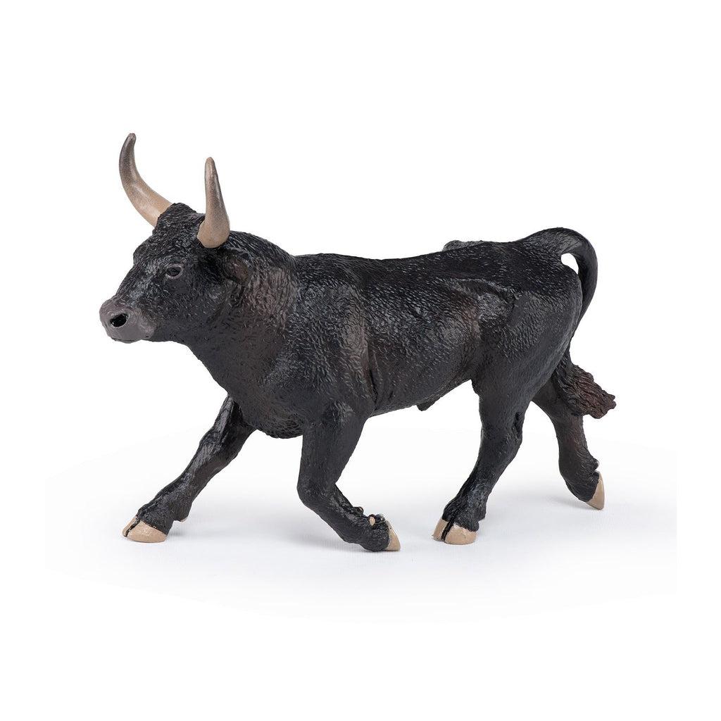 Image of the Camargue Bull figurine. It is a black bull with large tan horns that point up.