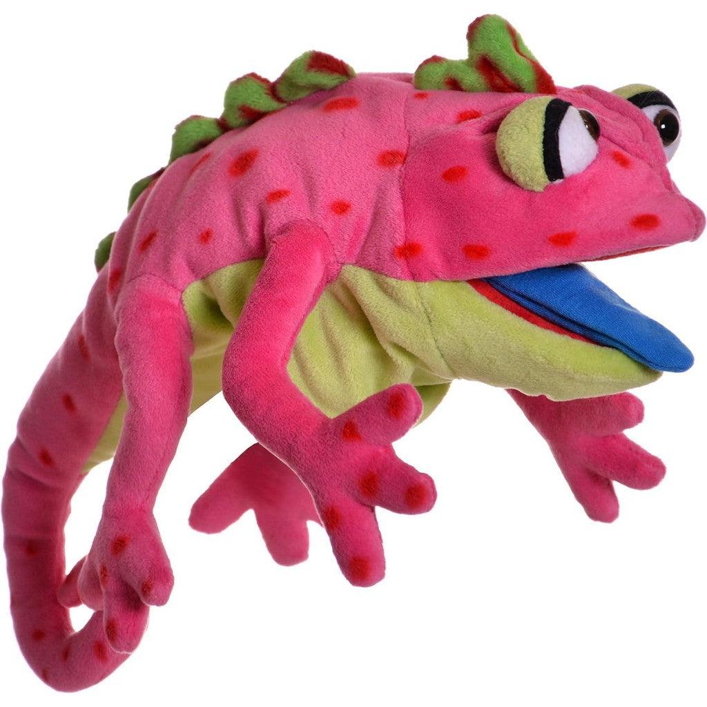 this image shows Cammy the chameleon. the is a 16 inch long pink puppet