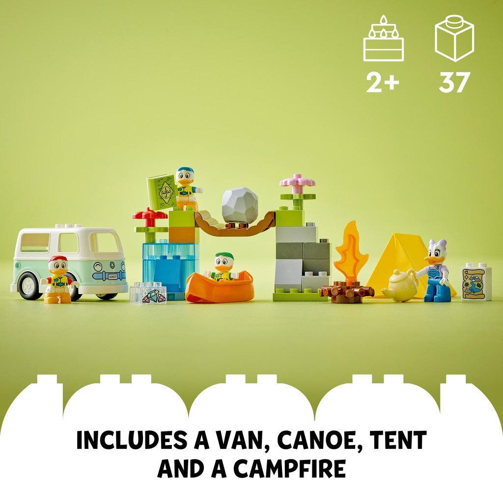 Includes a van, canoe, tent, and a campfire. for ages 2+ with 37 LEGO pieces
