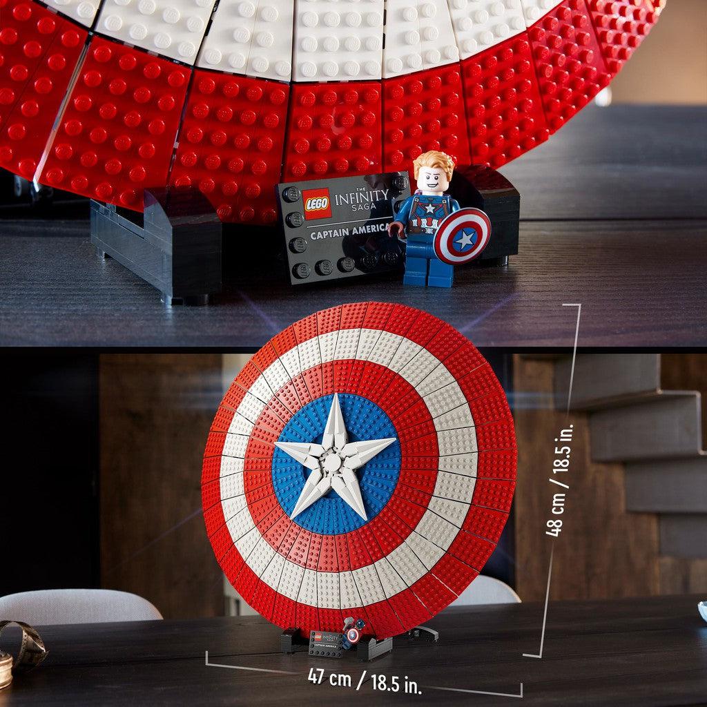 image shows a close up on the tiny Captain America and the 18 inch shield