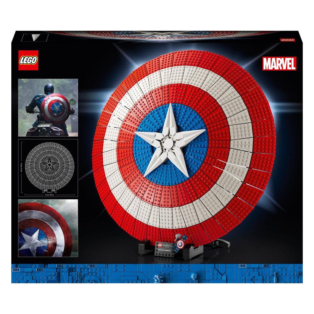 image shows the back of the box with scenes from the Captain America movie with the shield.
