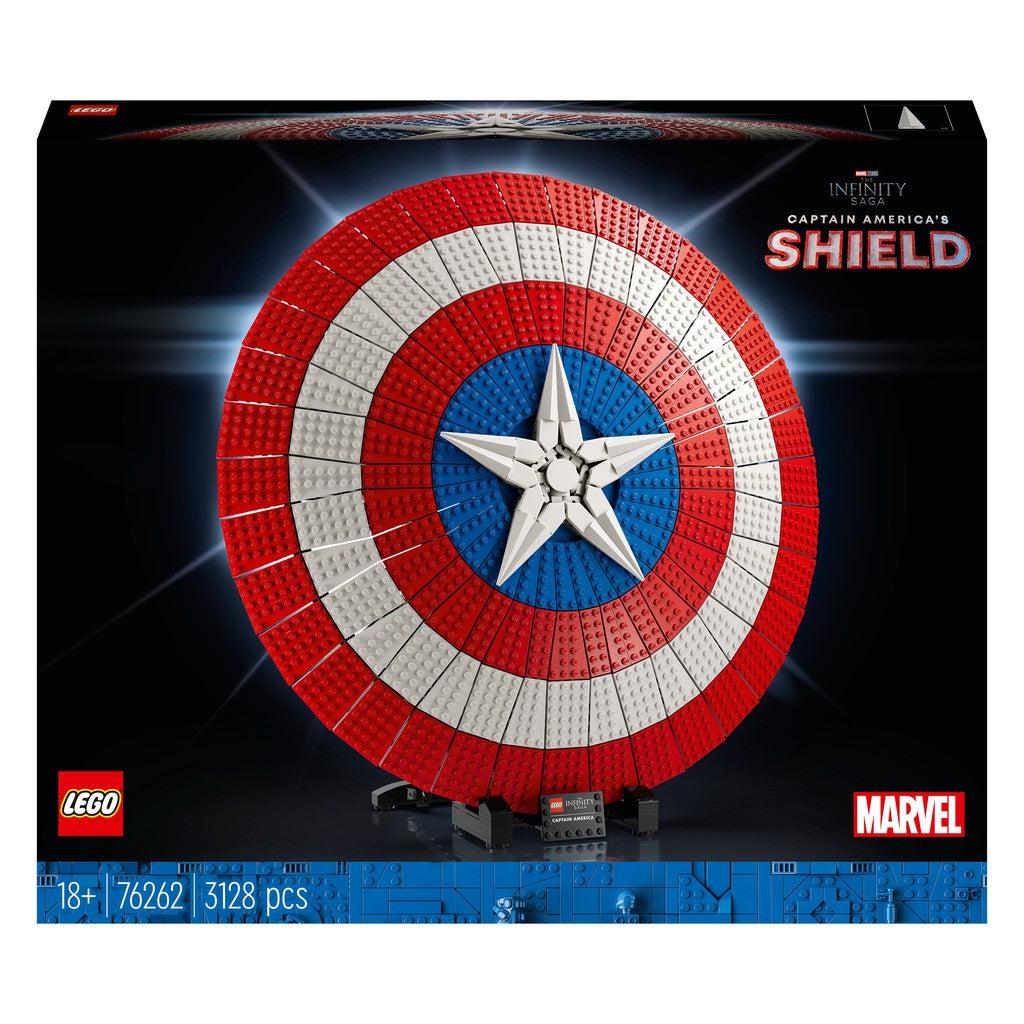 image shows the box front for LEGO Marvel Captain America's Shield. its a massive shield made with many LEGO pieces to be an impressive display