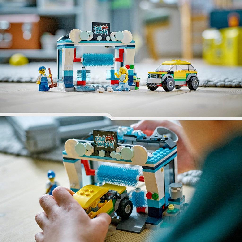 image shows a kid playing with the lego car wash
