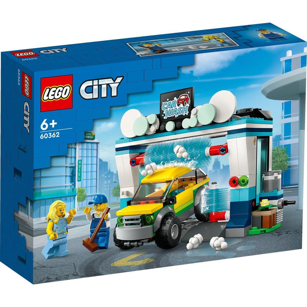 LEGO city Car Wash. There are lego people cleaning around the car wash while a yellow car is getting cleaned