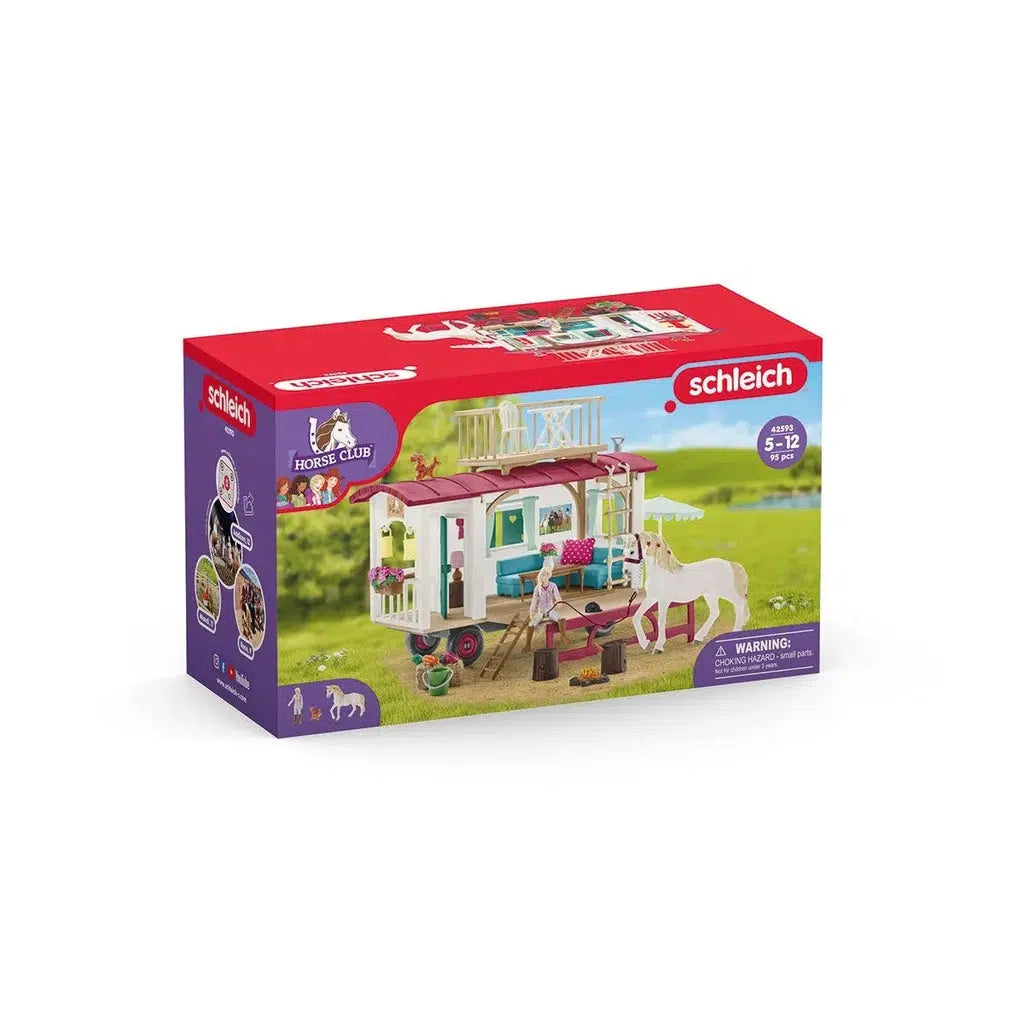 Image of the packaging for the Caravan for Secret Club Meetings play set. On the front is an image of all the included play set items.