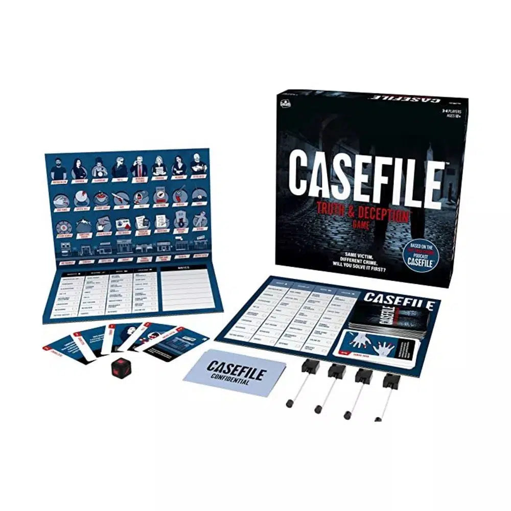 Image of the game pieces. The game comes with cards, a die, a suspect list, and expo markers. Everything is in the color scheme of dark blue, black, and red.