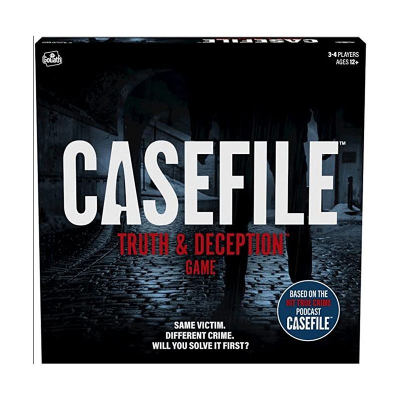 Image of the box for Casefile: Truth & Deception Game. The front is dark with a silhouette of a person standing on a cobblestone street.