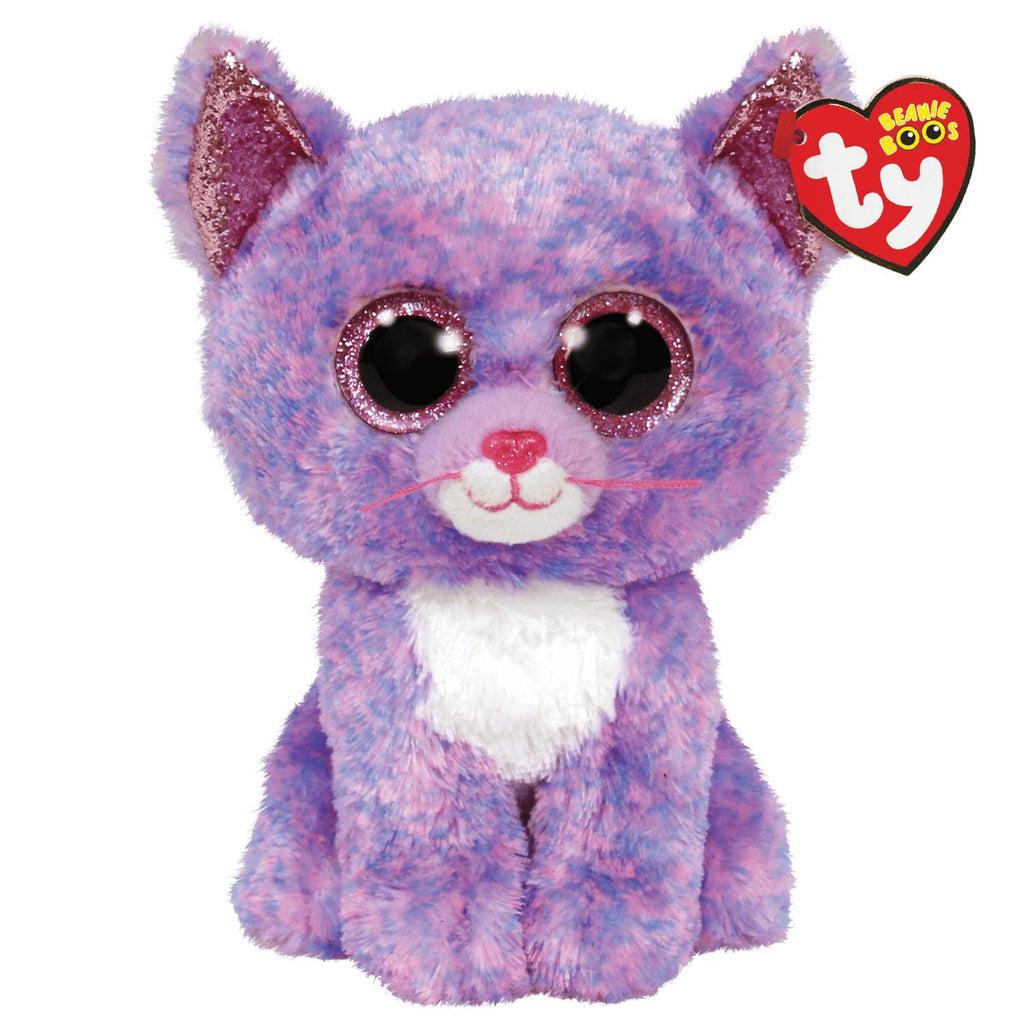 Image of the Cassidy the Cat plush. It is a mixed pink and blue colored cat that gives the effect that it is purple. She has a white fuzzy belly and muzzle. She also has glittery pink eyes and ears.