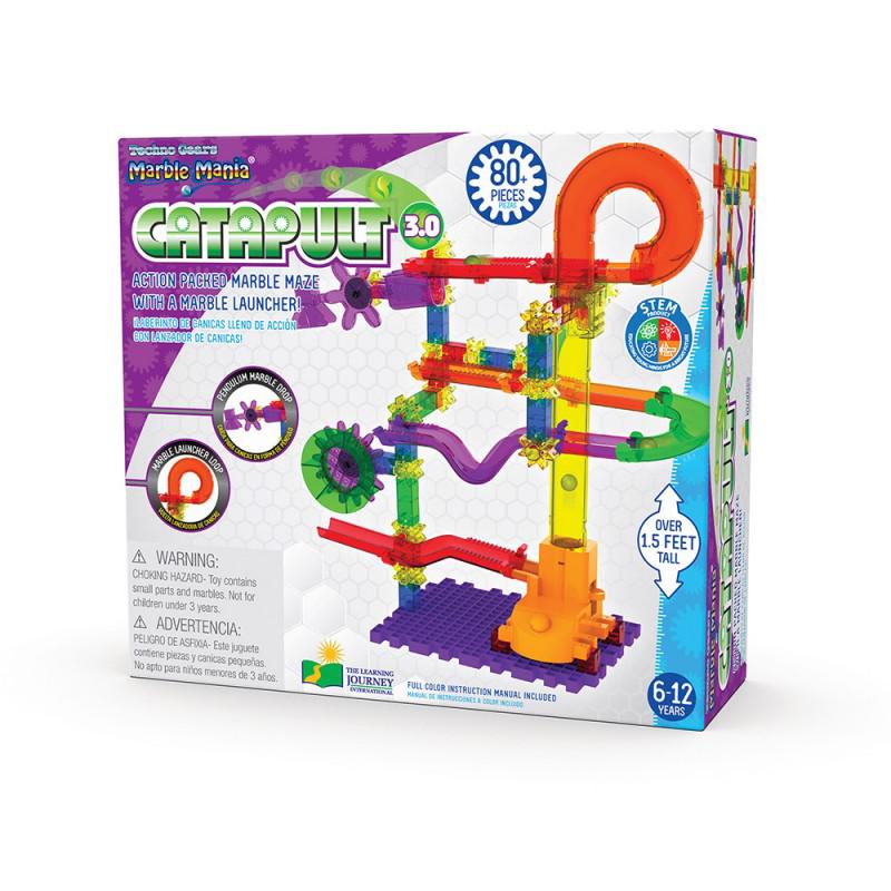 this image shows a marble mania catapult 3.0. there are 80 pieces of marble track fun to assemble and launch marbles.