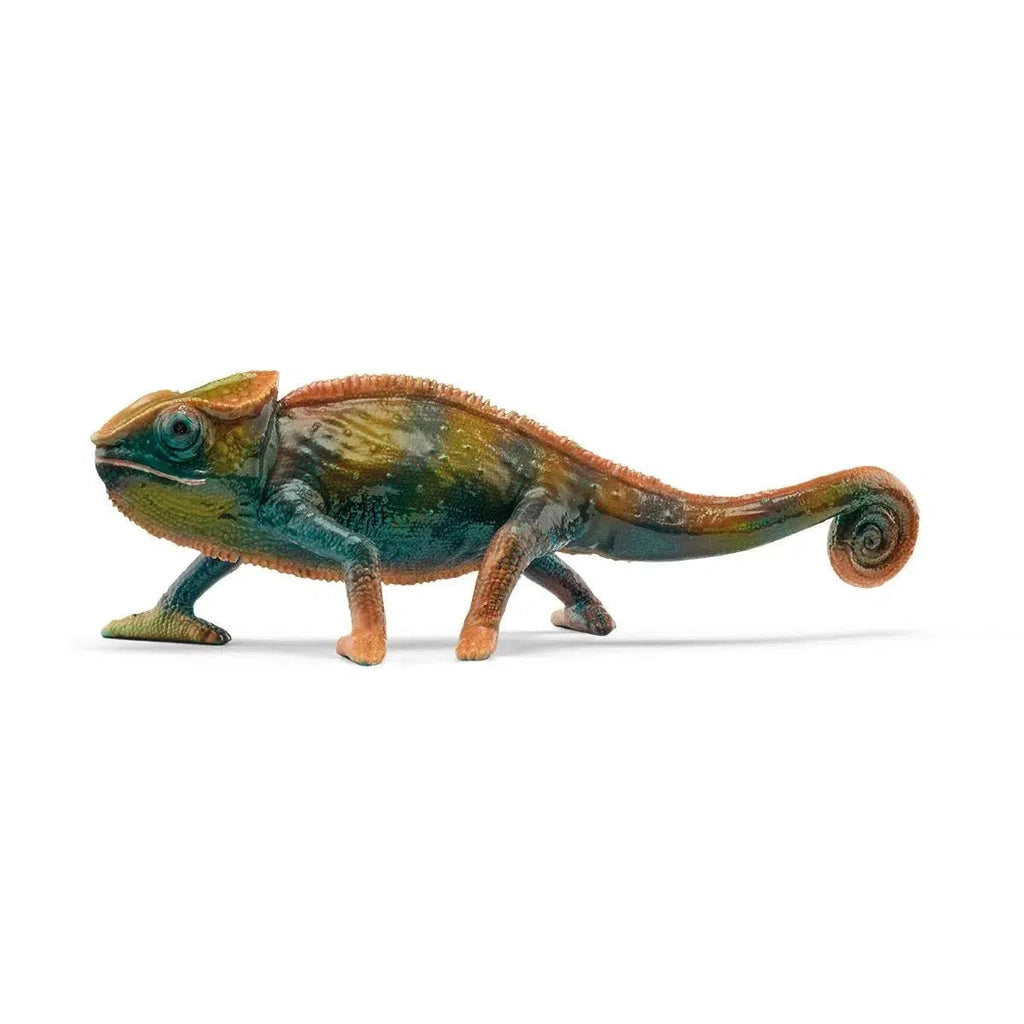 Image of the Chameleon figurine. It is a green, blue, brown, and orange animal. It has its tail tip curled up.