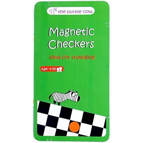 Image of the tin for the Checkers TO GO game. On the front is a black and white checkerboard with a zebra standing on top of it.