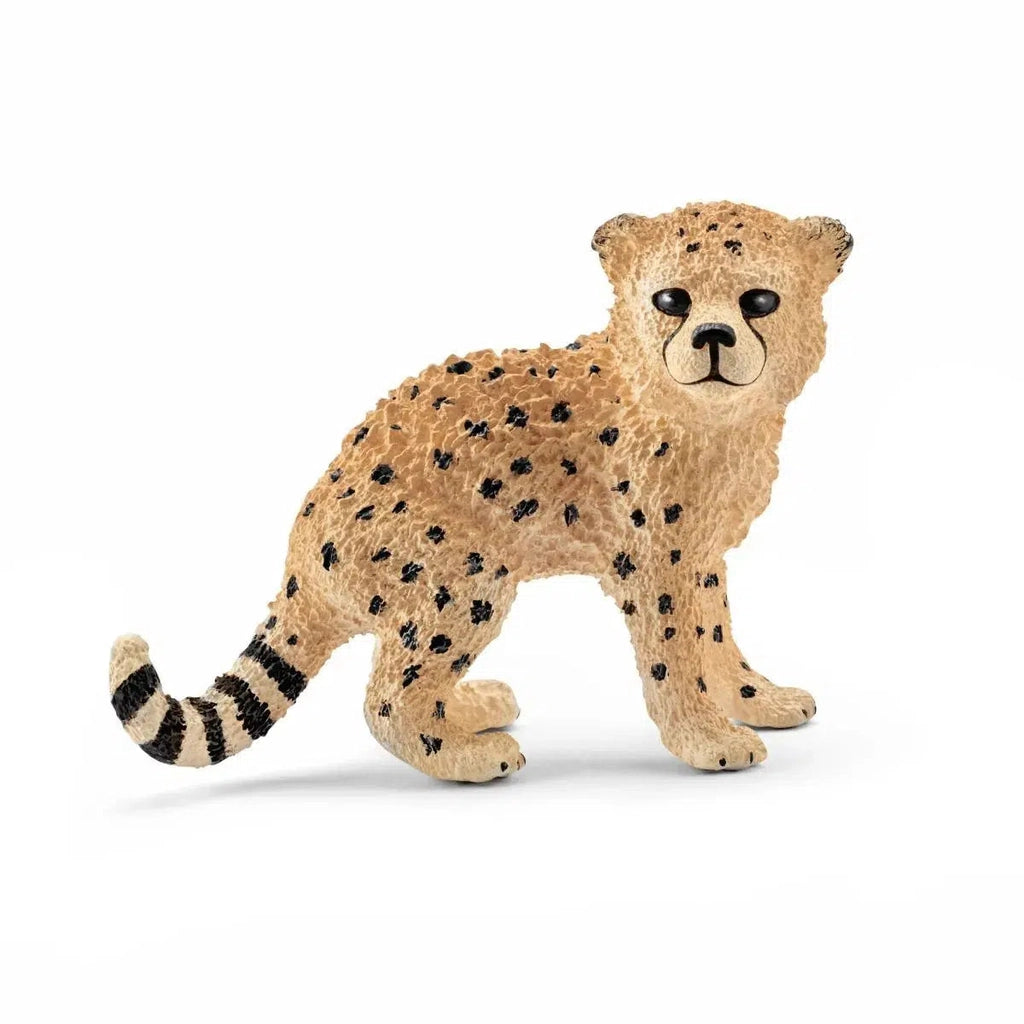 Image of the Cheetah Cub figurine. It is a small honey colored cat with black spots on its head and body and a black striped tail.