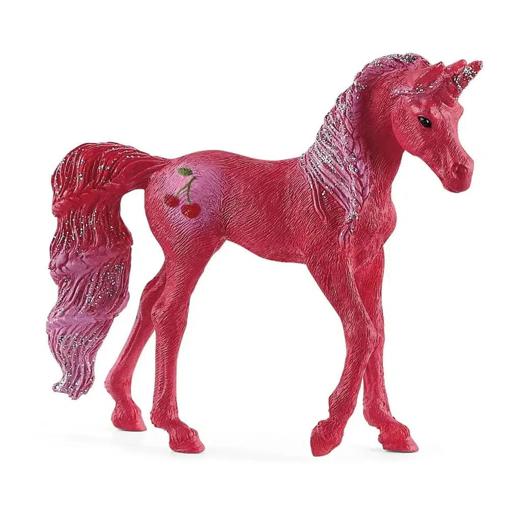 Image of the Cherry Unicorn figurine. It is a completely red horse with extra glittery sparkles in its hair. It has a cherry cutie mark on its flank.