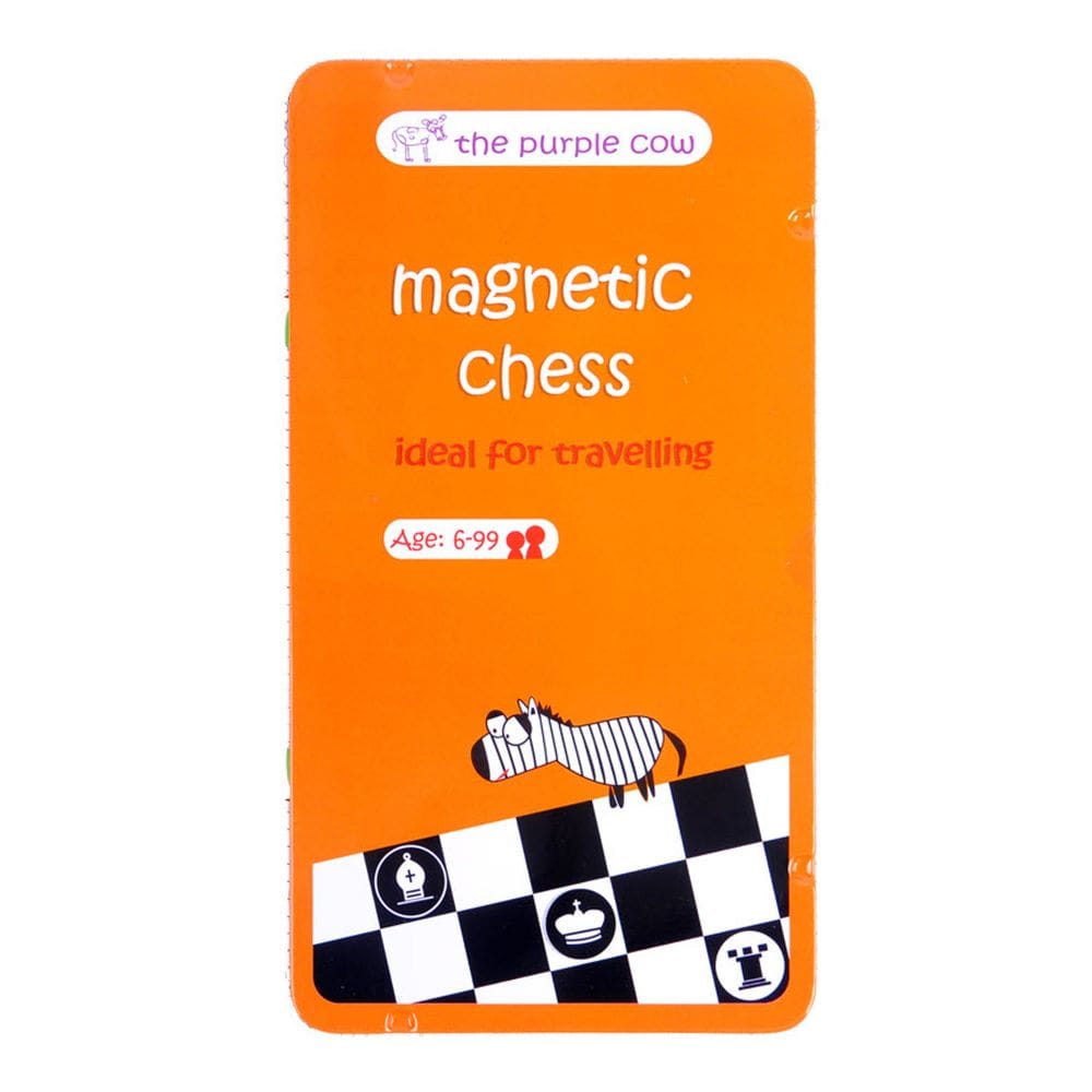 Image of the tin for the Chess TO GO game. On the front is a black and white checkerboard with chess pieces and a zebra on top.