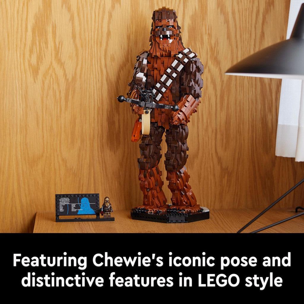 Featuring Chewie's iconic pose and distinctive features in LEGO style
