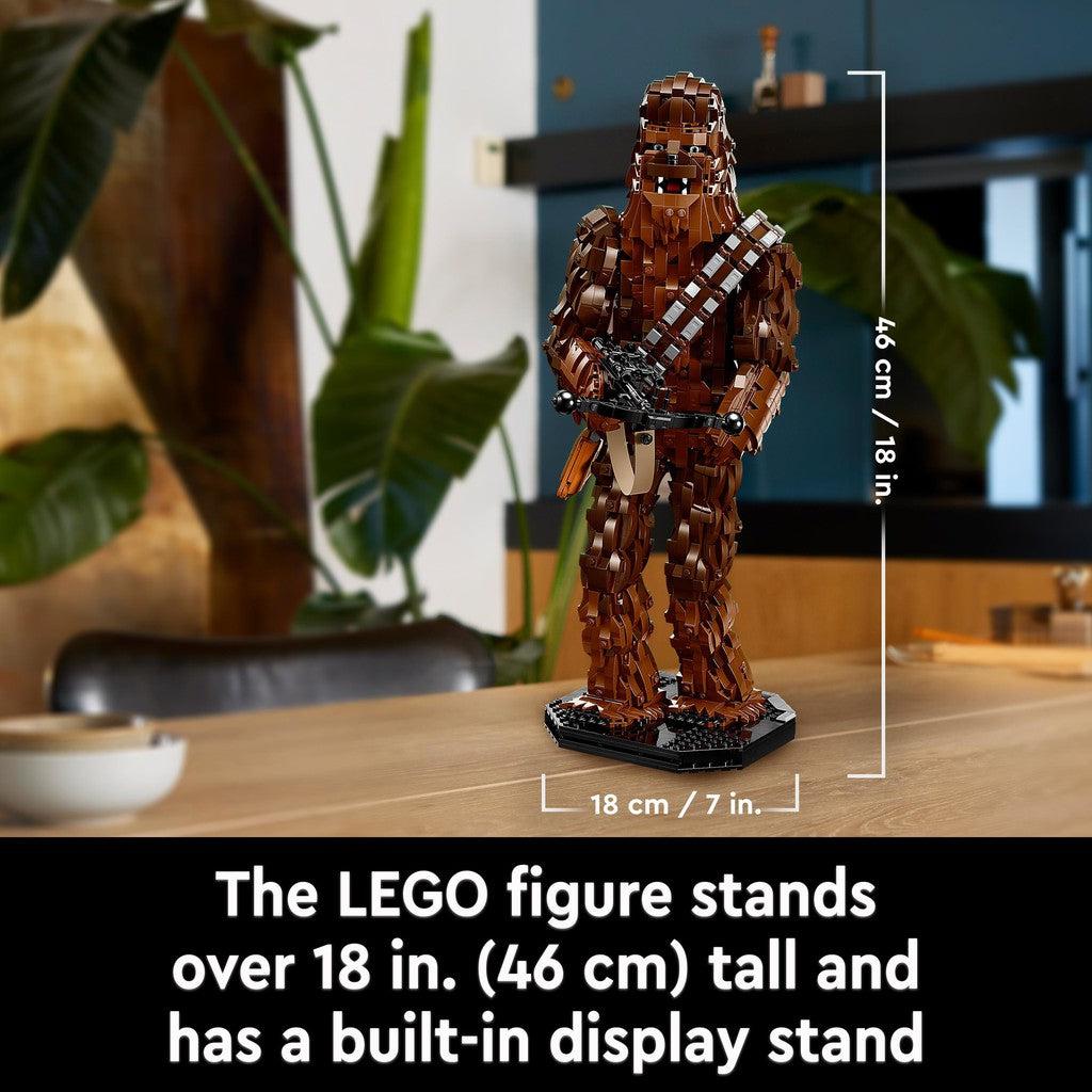 the LEGO figure stnads over 18 in. tall and has a built in display stand